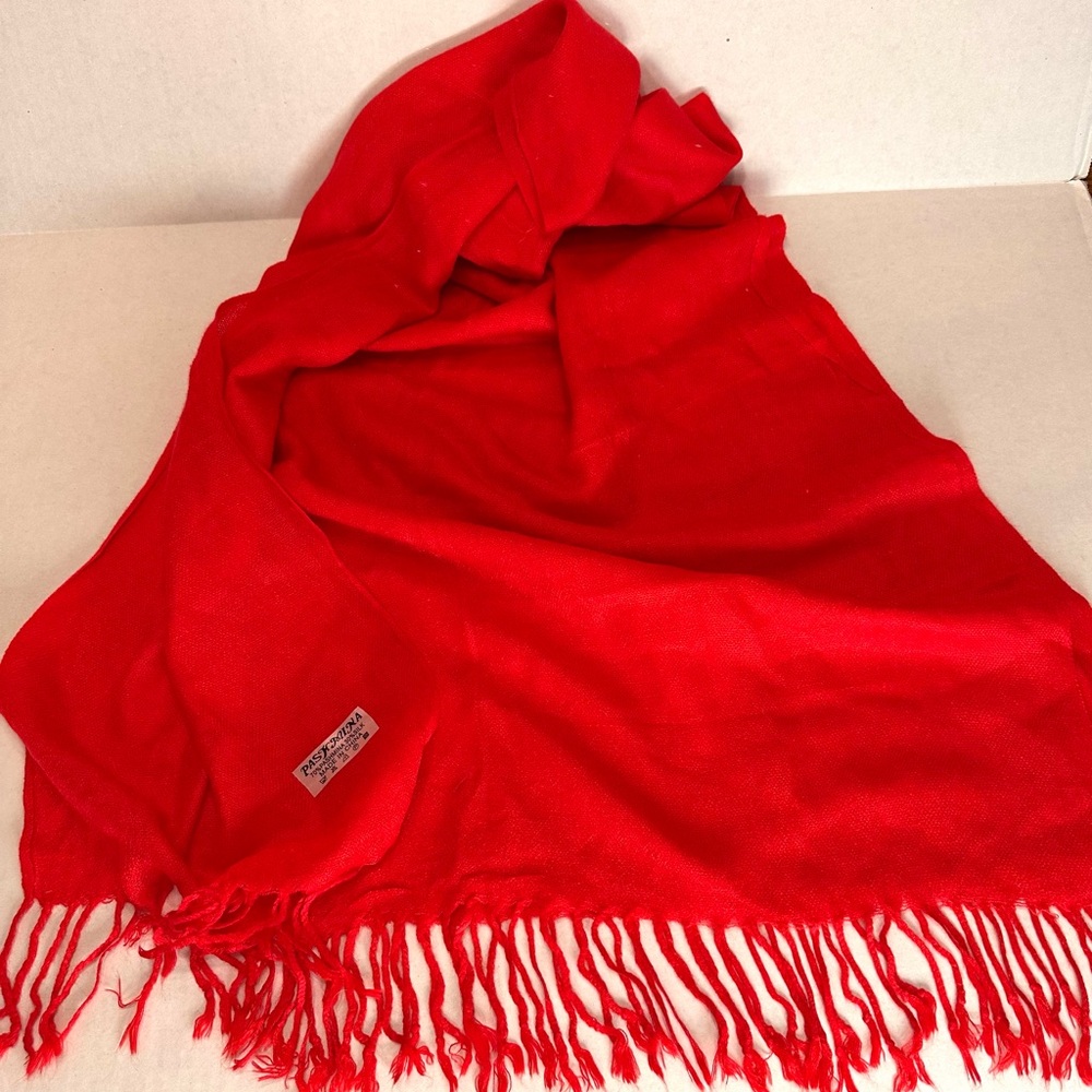 Pashmina Fiery Red Silk Blend Scarf with Fringe